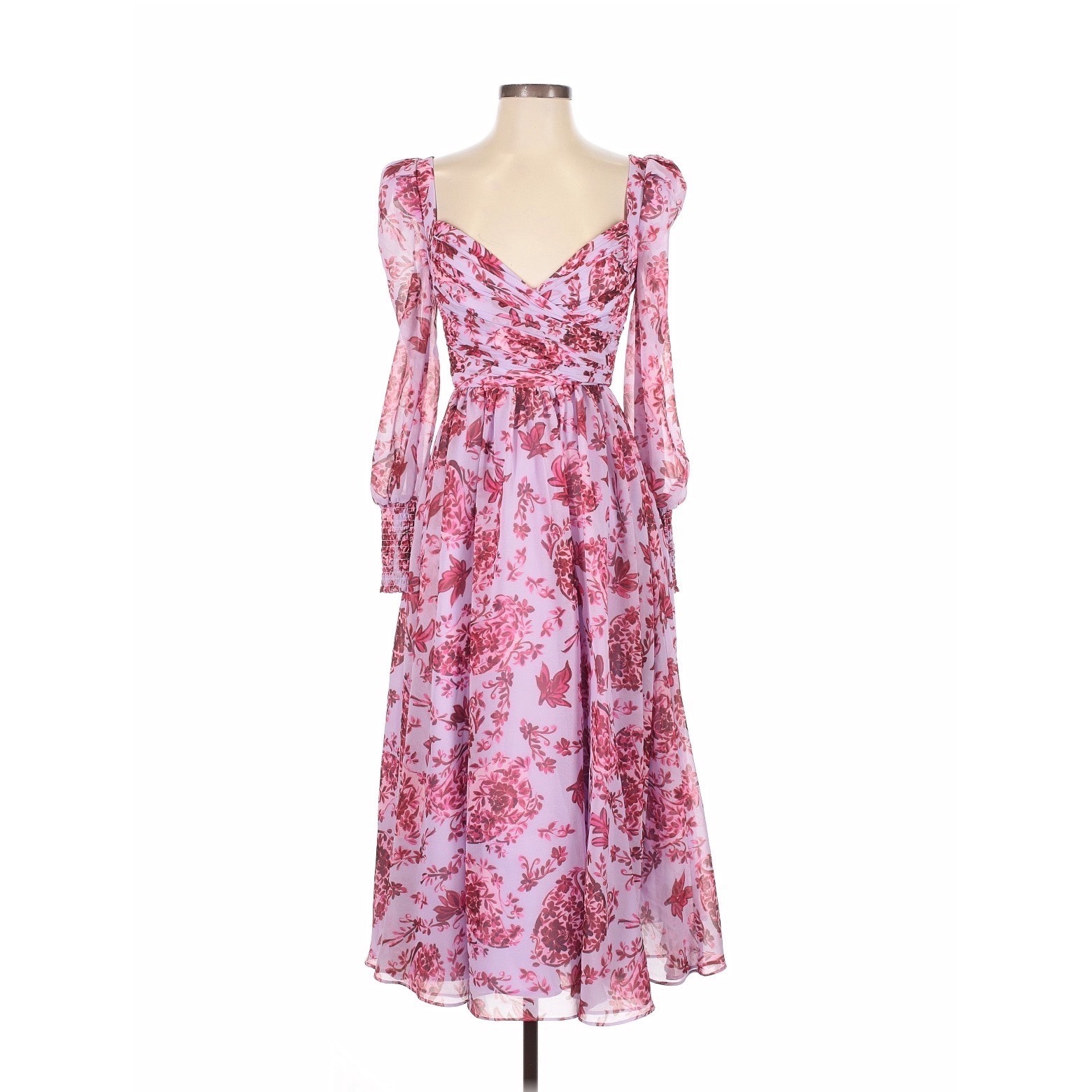 Badgley Mischka Floral Chiffon Midi Dress Lavender Pink V-Neck Sz 2 Long Sleeve